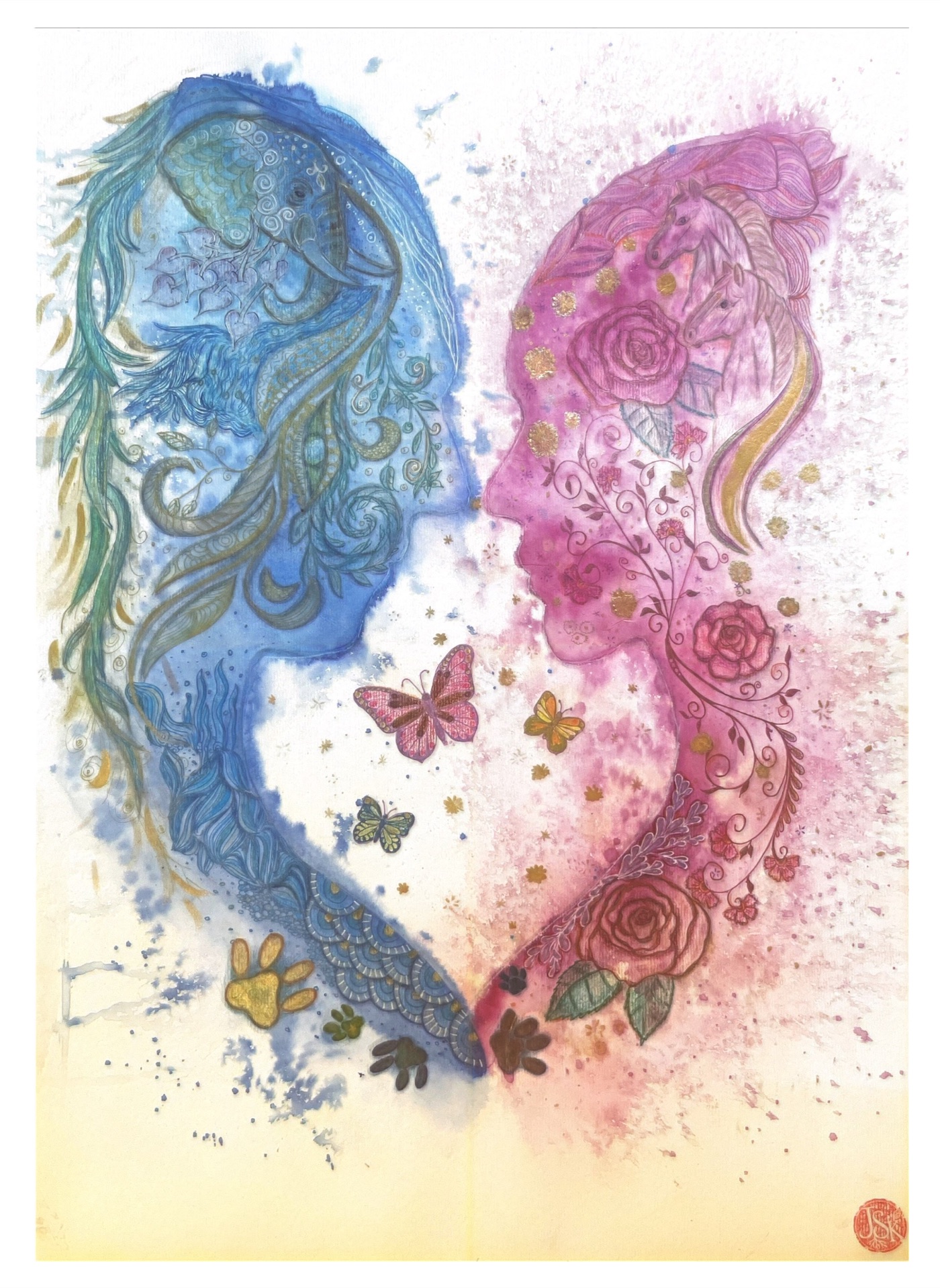 Zwei einander zugewandte Profile in Blau und Rosa mit persönlichen Zeichen
