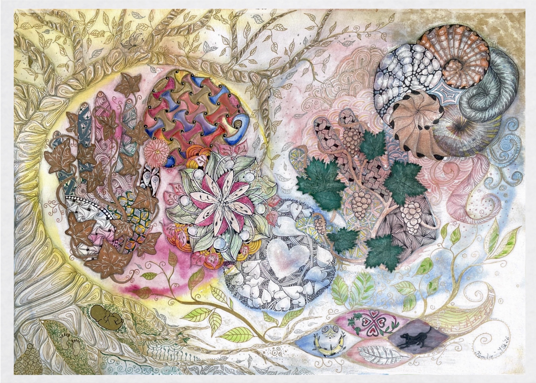 Persönliches Lebensbild mit Baum, Blüten, Weinreben und ornamentalen Kreisen