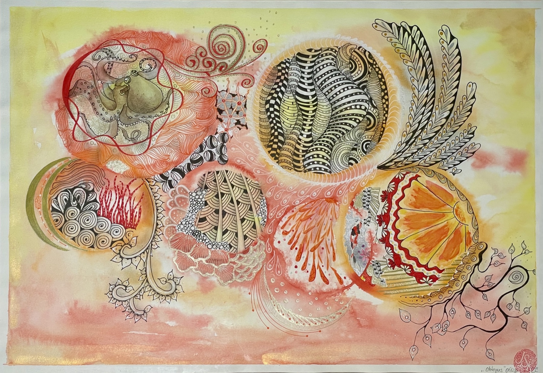 Warme Komposition mit Oktopus, grafischen Mustern und organischen Kreisen