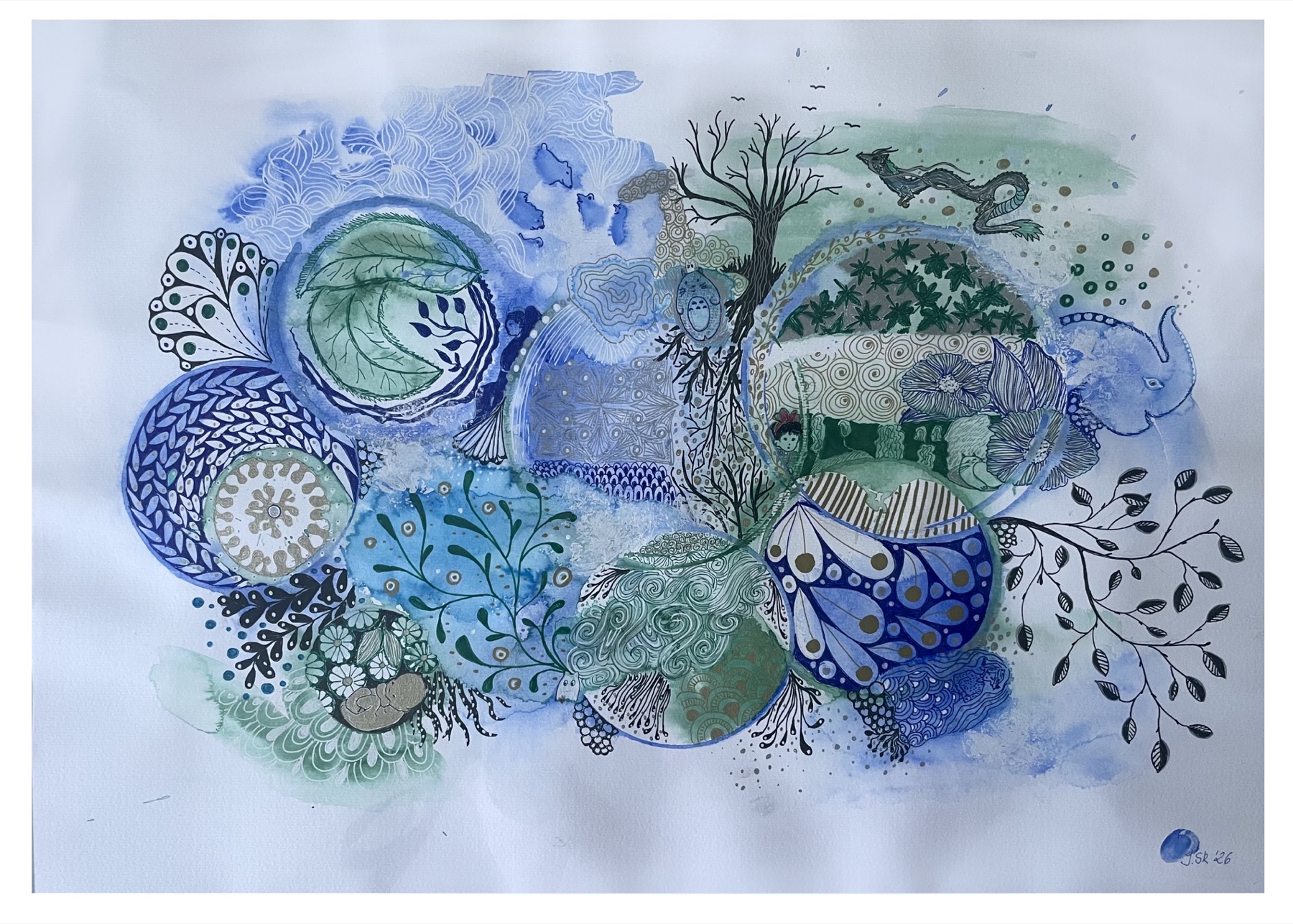 Blau-grüne Bildwelt mit Baum, Elefant, Kreisen und Blättern