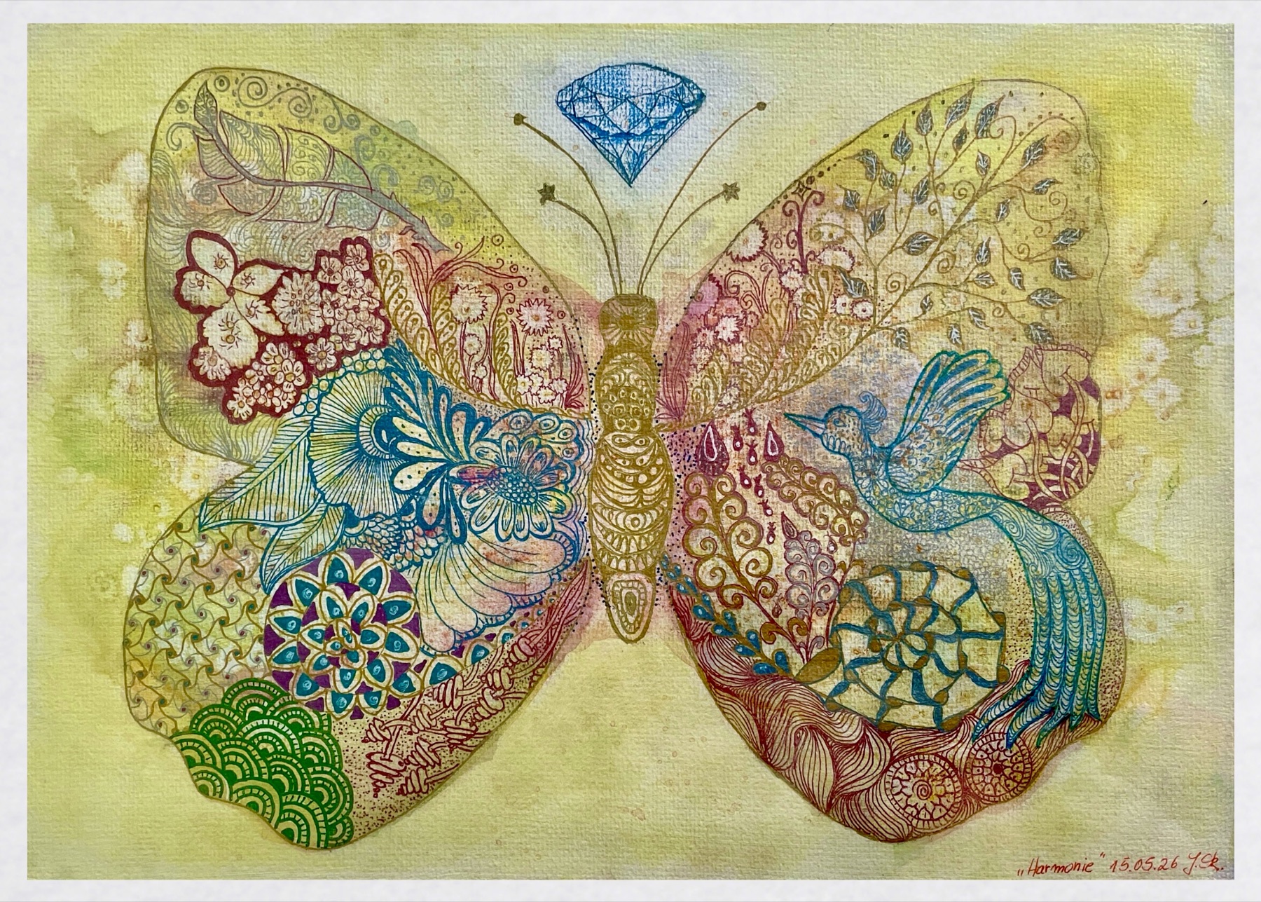 Detailreiche Komposition mit Schmetterling, Kolibri, Blumen und persönlichen Mustern
